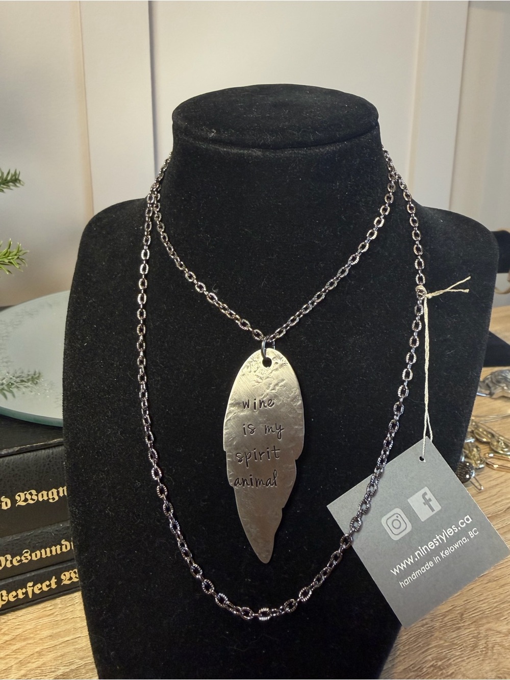 Handstamped Feather Pendant wing Necklace - Silver Tone Handmade in Kelowna